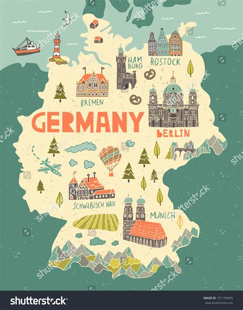 Illustrated Map Germany Travel Attractions Stock Vector (Royalty Free ...