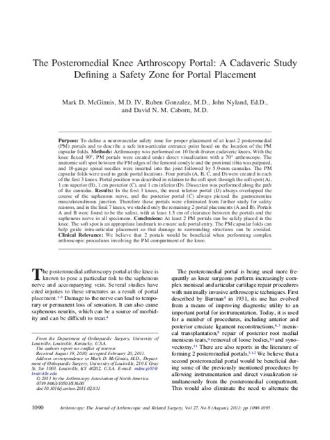 (PDF) The Posteromedial Knee Arthroscopy Portal: A Cadaveric Study Defining a Safety Zone for ...