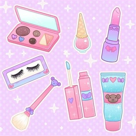 various cosmetics and makeup items are arranged on a polka doted pink ...