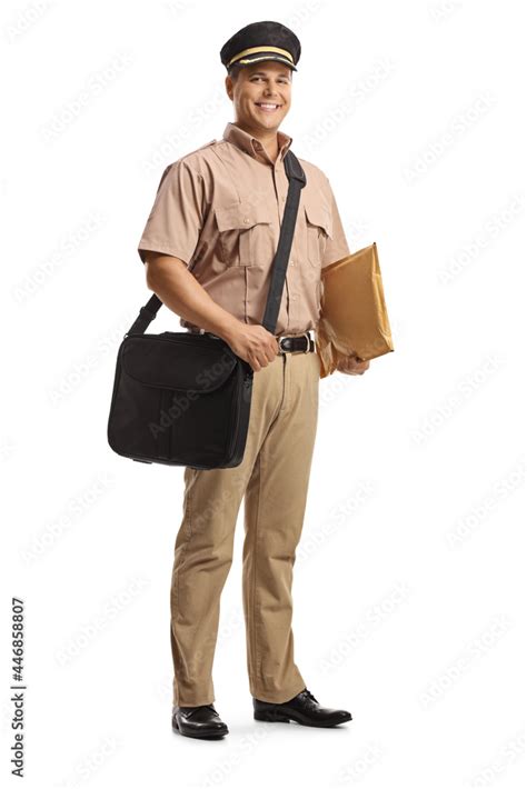 Full length portrait of a young mailman in a uniform carrying a bag and a letter Stock Photo ...