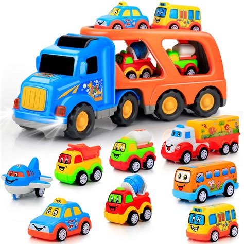 Buy 9 pcs Cars Toys for 2 3 4 5 Years Old Toddlers, Big Carrier Truck with 8 Small Cartoon Pull ...