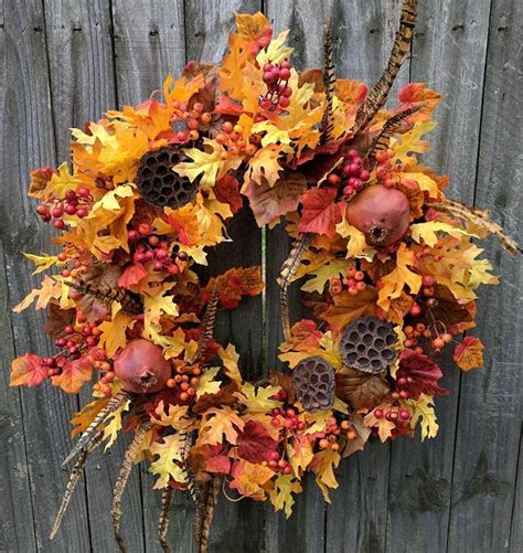 Fall Wreaths Autumn Feathers and Pomegranate Wreath Fall Oak | Etsy | Fall wreaths, Silk flower ...