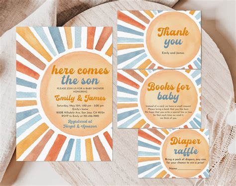 Retro Sun Baby Shower Invitation Set Here Comes the Son Invite Bundle Groovy Boy Baby Shower ...