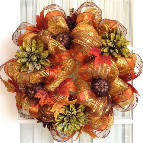 Deco Mesh FALL Wreath Gold Copper Brown Dahlias Glitter