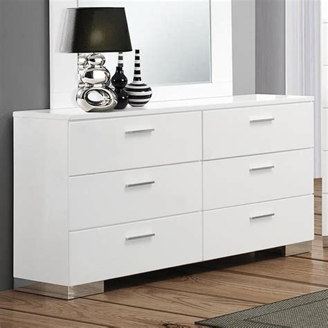 Bowery Hill 6 Drawer Double Dresser in Glossy White and Silver | Homesquare