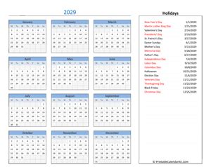 Printable Yearly Calendar 2029