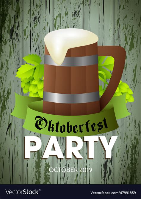 Oktoberfest party lettering and wooden beer mug Vector Image