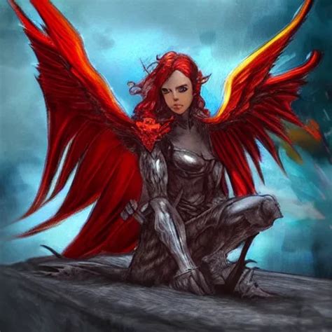 “winged, red haired woman, gargoyle, flaming sword, | Stable Diffusion ...