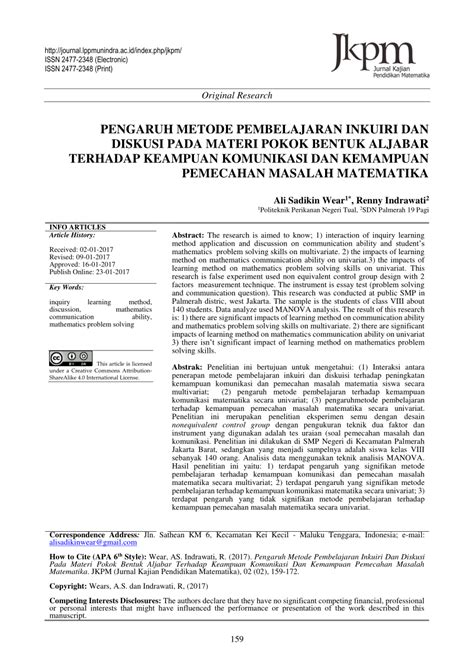 (PDF) Pengaruh Metode Pembelajaran Inkuiri dan Diskusi pada Materi Pokok Bentuk Aljabar terhadap ...