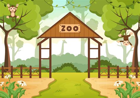 Zoo Cartoon Illustration with Safari Animals Monkey, Cage and Visitors ...