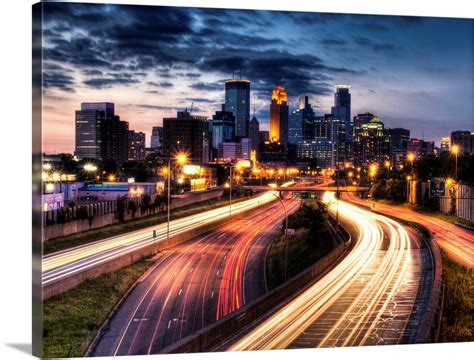 Downtown Minneapolis skyline and light trails on road Wall Art, Canvas ...