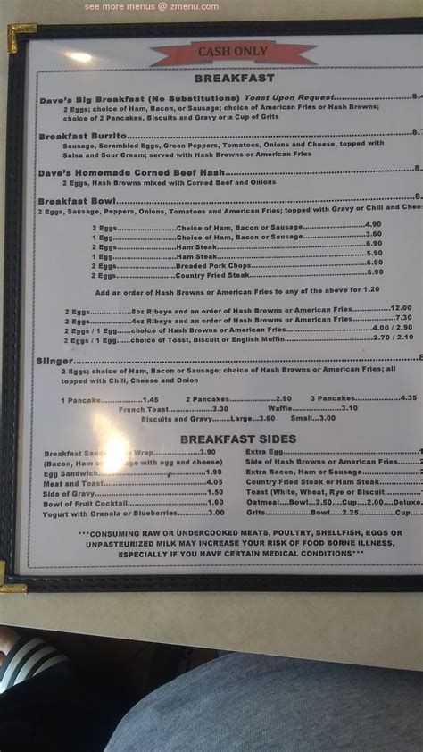 Menu at Dave's Diner restaurant, Arnold