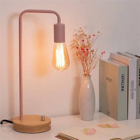 HAITRAL Industrial Desk Lamp, Pink Table Lamp with Wooden Base, Minimalist Bedside Lamp for Girl ...