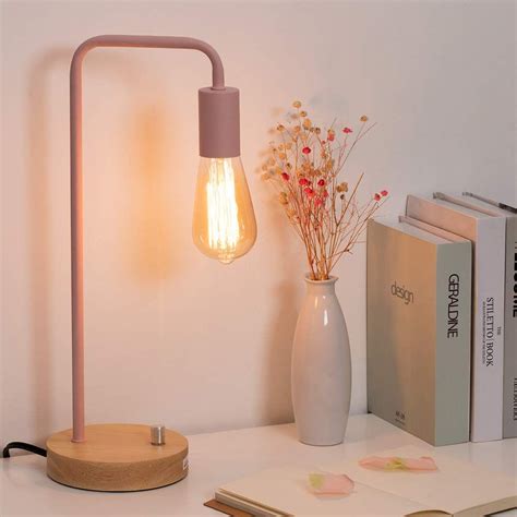 HAITRAL Industrial Desk Lamp, Pink Table Lamp with Wooden Base ...