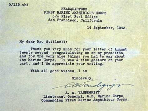 1943 Letter from U.S. Marine Corps General Alexander Vandegrift, Medal ...