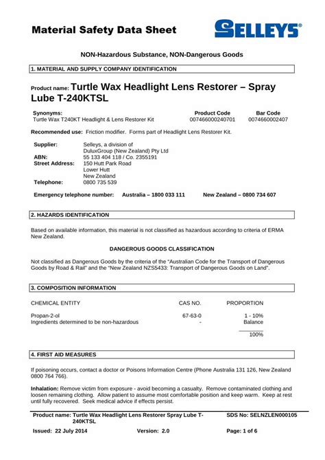 (PDF) Material Safety Data Sheet - Lupin Systems name: Turtle Wax Headlight Lens Restorer Spray ...