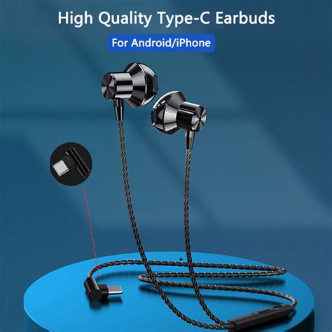 New Type C Earphones USB C Wired Headset Wire Control with Microphone Metal Earphone Elbow ...