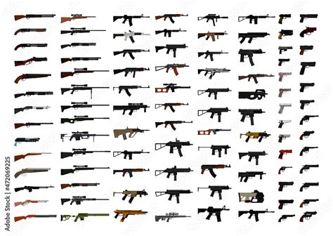 Collection of realistic firearms. All types of machine guns, pistols, rifles. Detailed ...