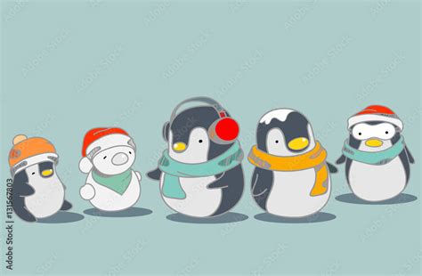 Cute penguins wallpaper in a merry Christmas greetings. Isolated penguins cartoon vector ...