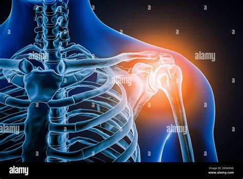 Anterior or front view of human shoulder joint and bones with inflammation 3D rendering ...