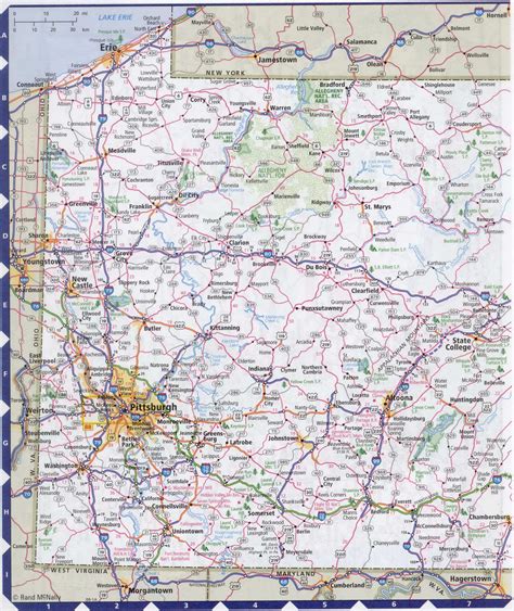 Map of Pennsylvania state with highways, roads, cities, counties. Pennsylvania map image