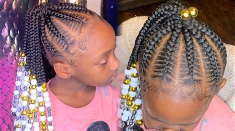 STITCH FEEDIN PONYTAIL WITH BEADS | KIDS BRAID STYLES - YouTube