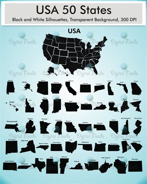 50 States and USA Map Silhouettes Clip Art / 51 by DigitalNeeds