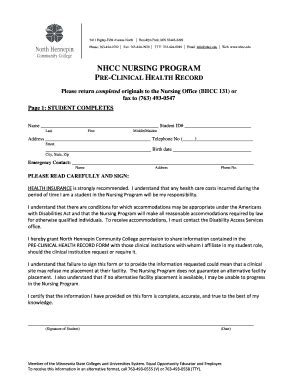 Fillable Online Nhcc nursing program pre-clinical health record - North Hennepin ... Fax Email ...