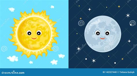 Sun and Moon. Cute Funny Characters Stock Vector - Illustration of cosmos, bright: 142327440