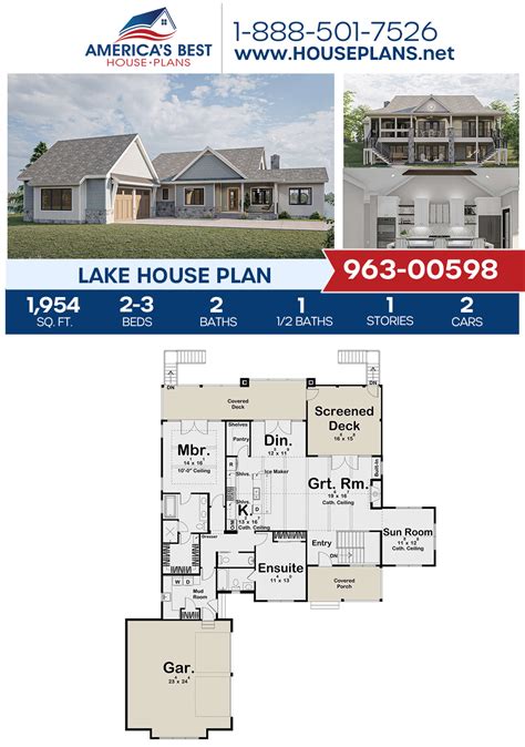 This stunning, Lake house plan offers 1,954 sq. ft., 2-3 bedrooms, 2.5 bathrooms, a fireplace, a ...