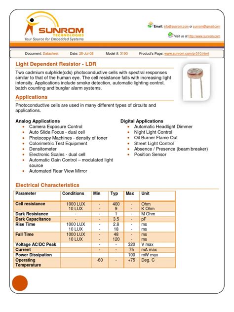 LDR Datasheet | Light | Electrical Resistance And Conductance