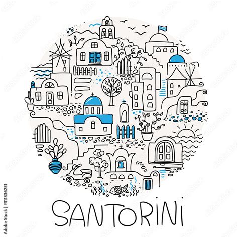 Santorini greece vector sketch logo. Circle composition with landscape ...