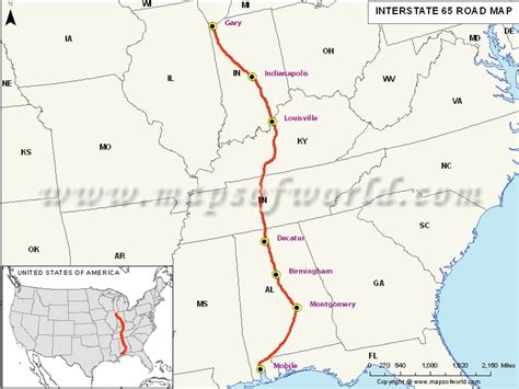 US Interstate 65 (I-65) Map - Mobile, Alabama to Gary, Indiana