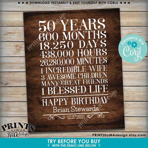 50th Birthday Gift for a Man, 50 Years Broken Down, Custom PRINTABLE 8x10/16x20” Rustic Wood ...