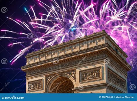 Celebratory Colorful Fireworks Over the Arc De Triomphe, Paris, France ...