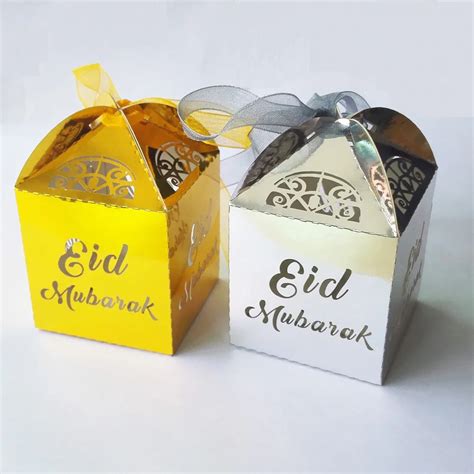 50pcs /Lot Gold Silver Happy Eid Mubarak Paper Gift Box,Ramadan Kareem Gift Box, Glitter Eid ...