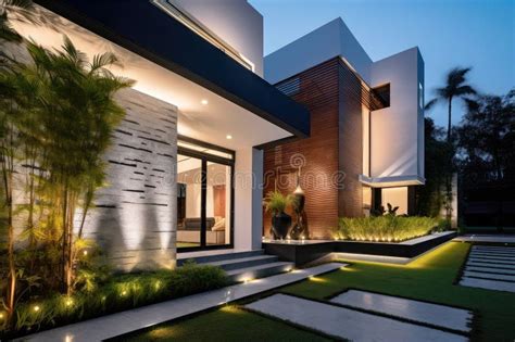 Cozy House Exterior with Modern Exterior Lighting and Lush Greenery Stock Photo - Image of ...