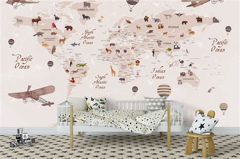 Animals World Map for Kids Wallpaper Peel and Stick Easy - Etsy