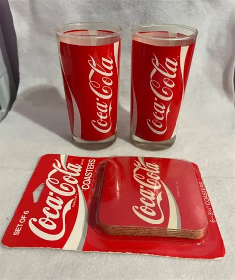 VINTAGE 1970 RED white coca cola coke drinking glasses and coasters $9.00 - PicClick