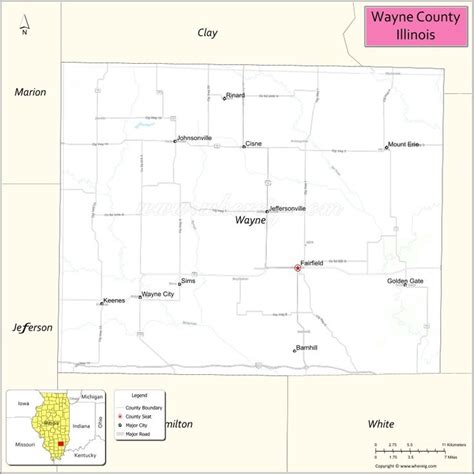 Map of Wayne County, Illinois showing cities, highways & important ...