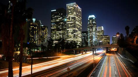 Los Angeles Skyline, Highway Traffic, Aerial City Night LA Downtown, Time Lapse ~ Video #950255