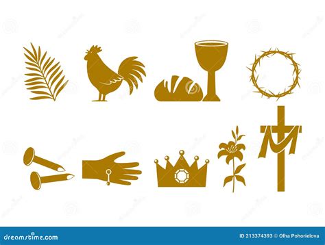 Christian Easter Icon Symbols. Palm Branch, Cross of Jesus Christ, Rooster, Crown of Thorns ...