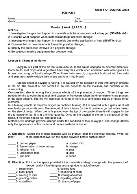 Grade-5-Q1- Science-LAS-Week-2 - Grade 5-Q1-SCIENCE-LAS 2 SCIENCE 5 Name: - Studocu