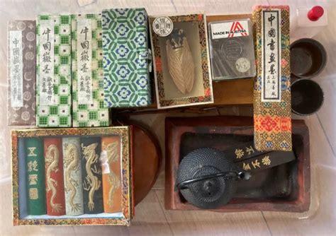 VINTAGE JAPANESE CALLIGRAPHY SET brushes INK Stick stone wooden box ...