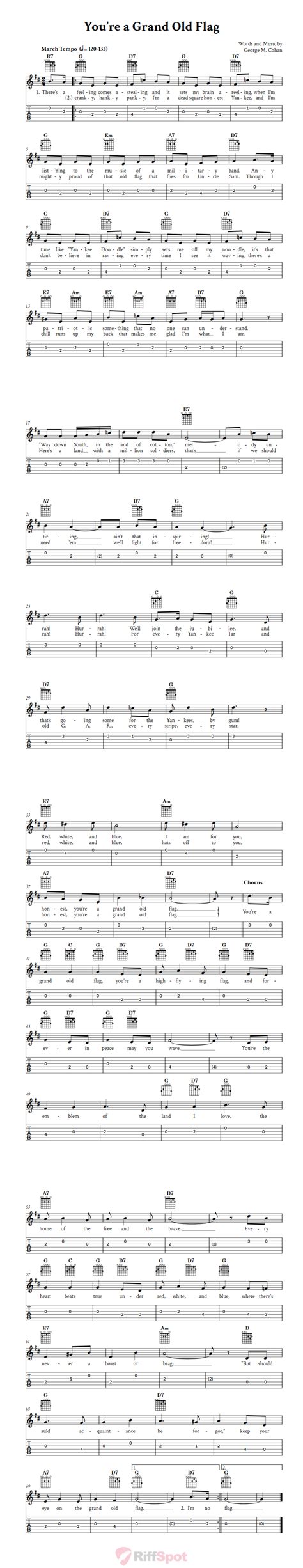 You're a Grand Old Flag - Easy Guitar Sheet Music and Tab with Chords and Lyrics