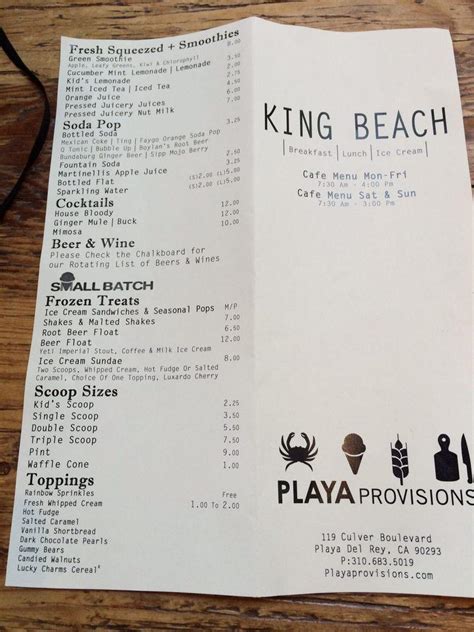 Menu at Playa Provisions pub & bar, Los Angeles, 119 Culver Blvd