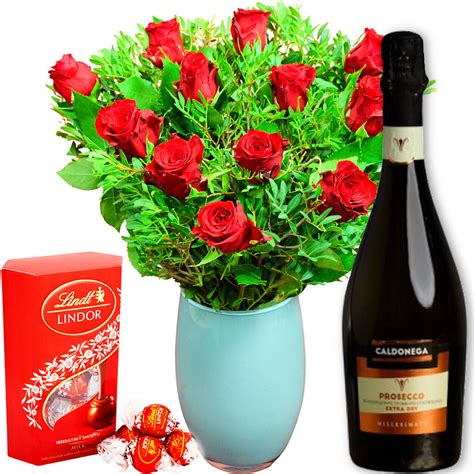 A Dozen Red Rose Flowers Chocolates And Prosecco By Fleur De Luxe