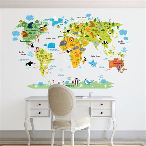 World map decal. Kids world map Wall Decal. Animals world map | Etsy