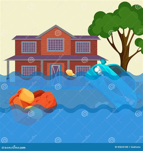 Flood Realistic Natural Disaster Vector Illustration. Cottage House ...