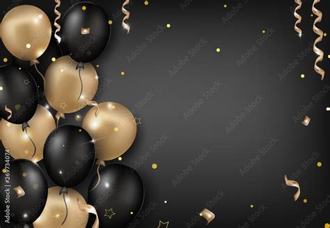 Celebrations background with black and golden balloons, serpentine, confetti, sparkles.Template ...